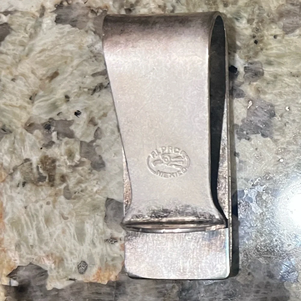 Vintage Alpaca Mexican Silver Money Clip with Genuine Turquoise Inlay